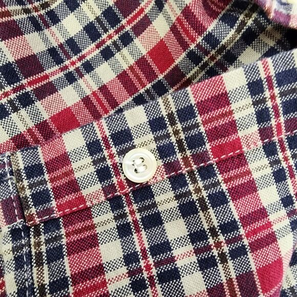 Mens Shirt Size XL Button Front Plaid Tan Red Blue Short Sleeve Collared Pocket - Picture 10 of 10